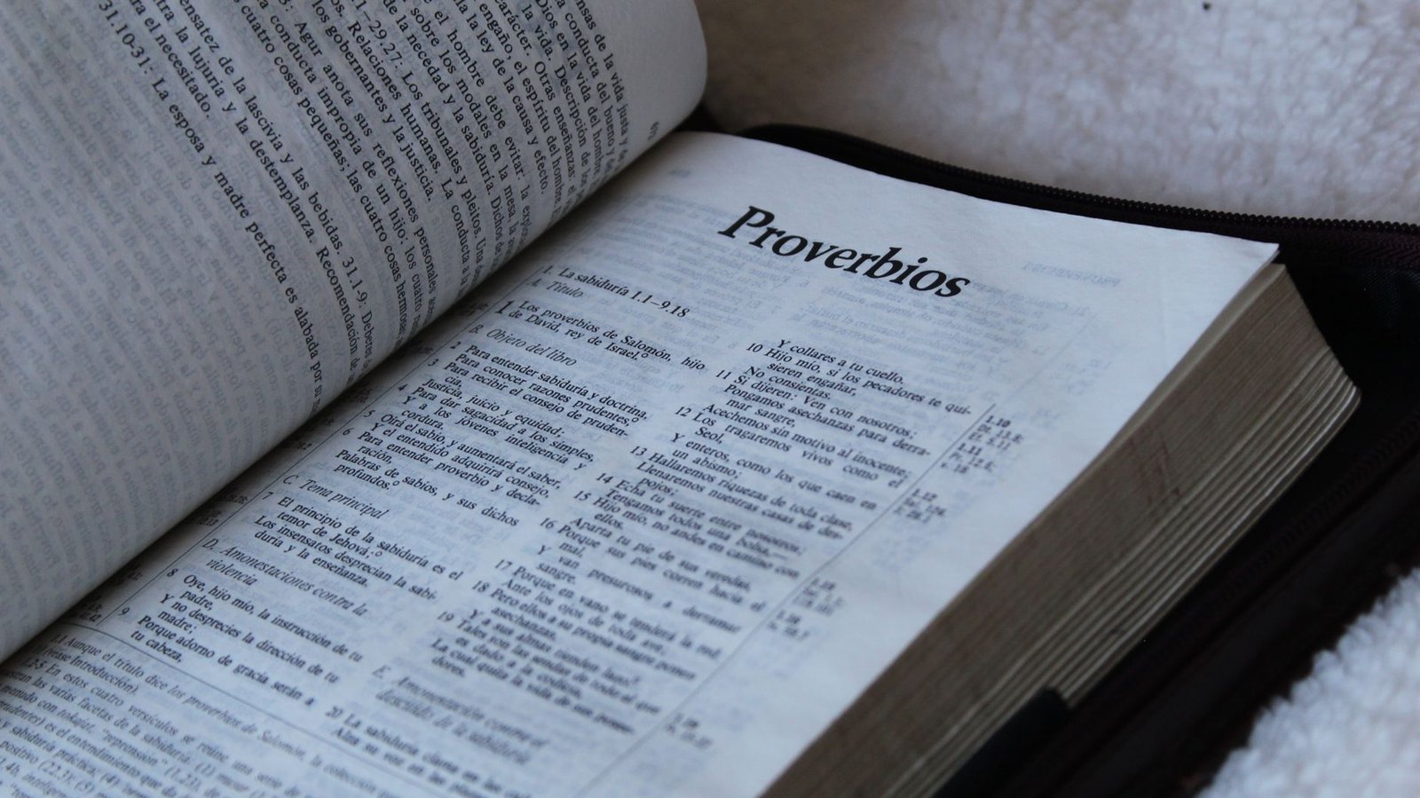 Close-up of an open Bible in Spanish, focusing on Proverbs chapter.