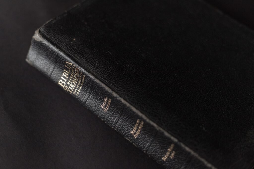 A black leather Bible with gold lettering on the spine, showcasing its textured cover.