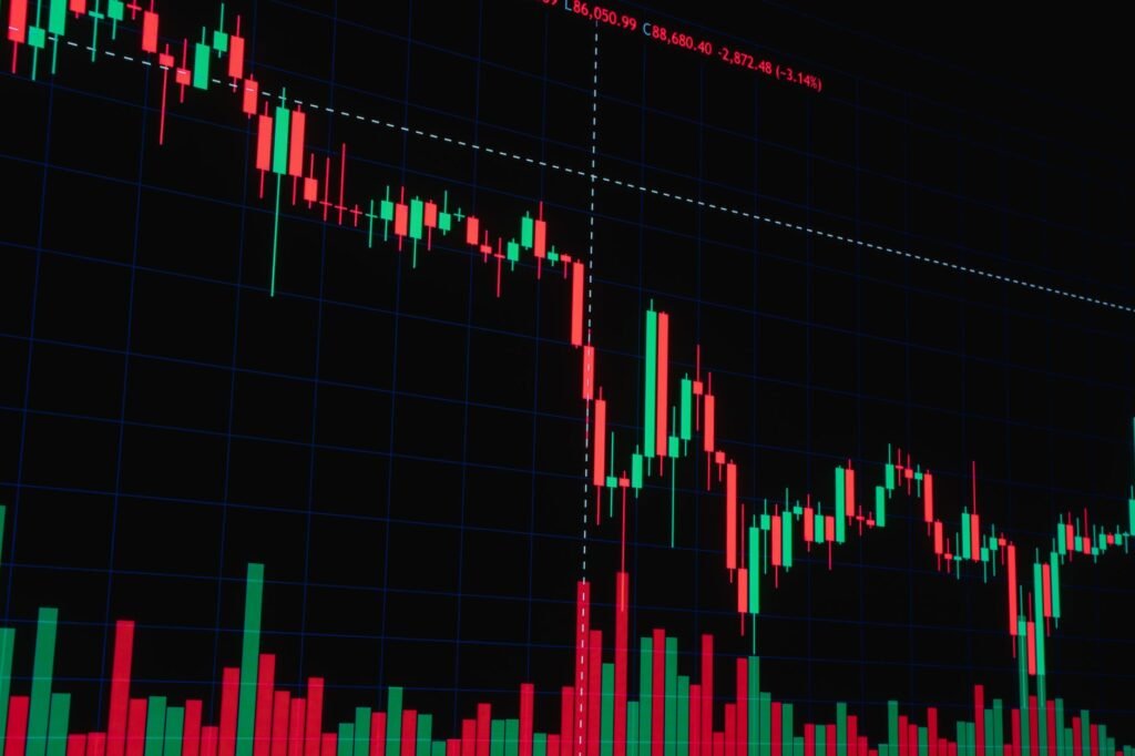 Gráfico de velas financeiras mostrando tendências de mercado e visualização de dados.