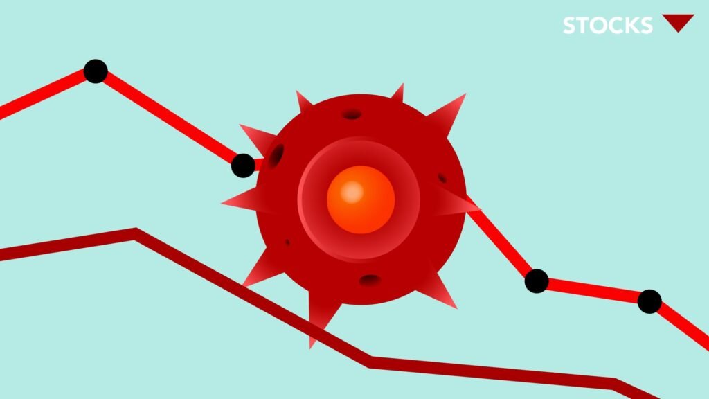 Ilustração retratando a queda econômica devido ao impacto da COVID-19.