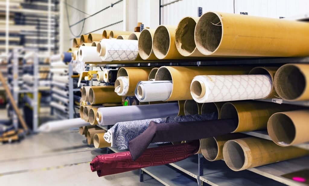 Fileiras de rolos de tecido armazenados em uma fábrica para fabricação industrial.